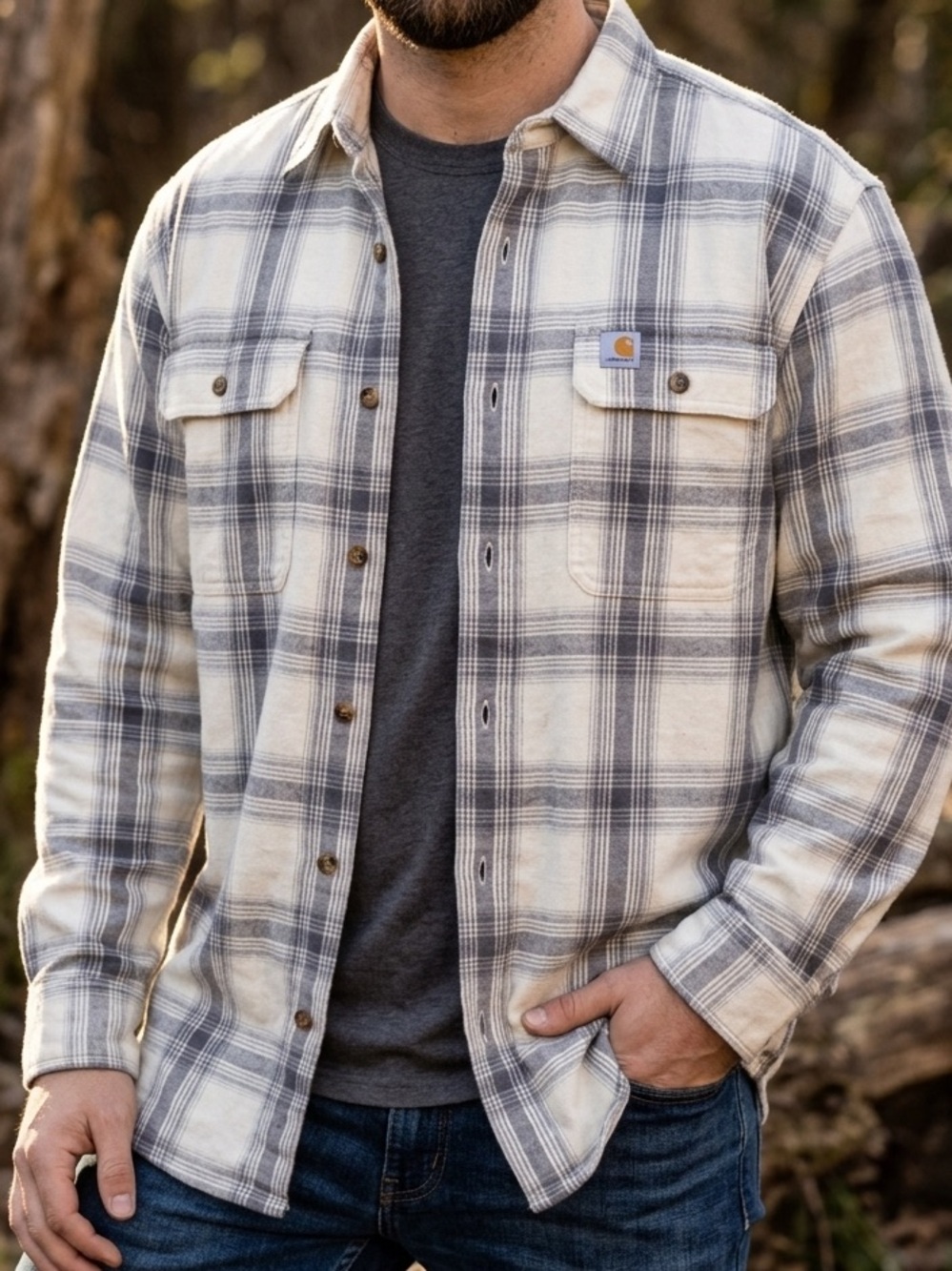 Carhartt Heavyweight Flannel Plaid Shirt Men's Large L Original Fit Cream